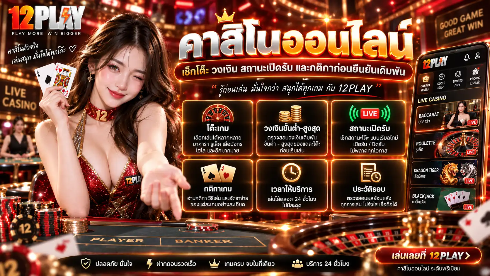 12play คาสิโนออนไลน์ เช็กโต๊ะ วงเงิน สถานะเปิดรับ และกติกาก่อนยืนยันเดิมพัน