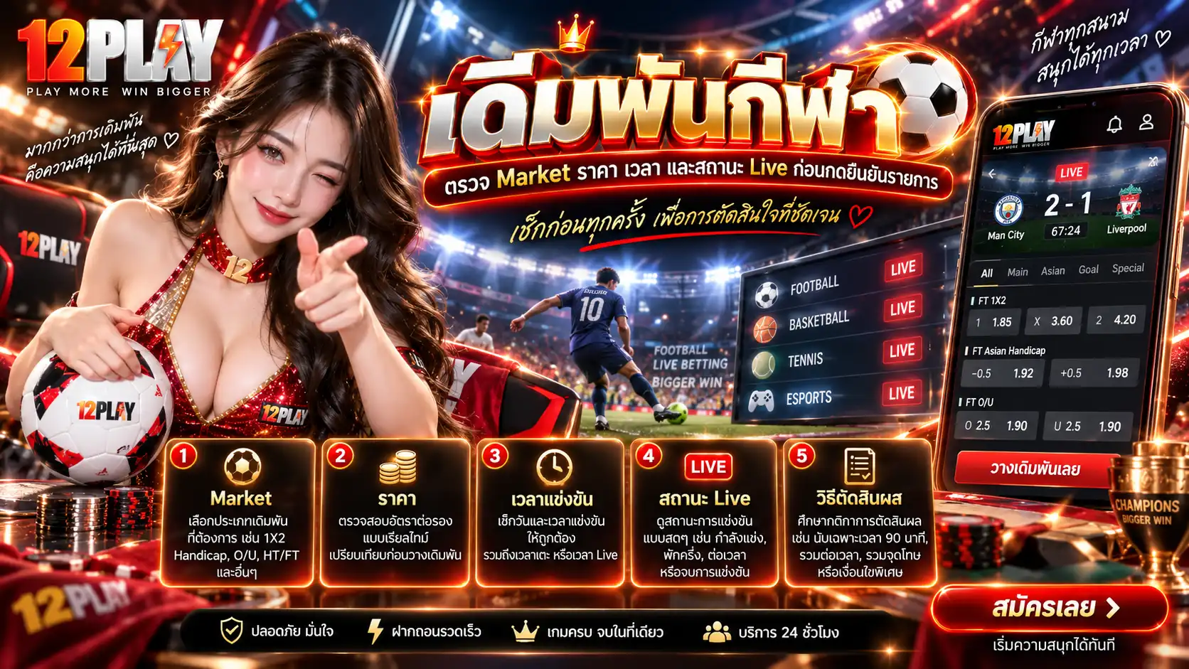 เดิมพันกีฬา ตรวจ Market ราคา เวลา และสถานะ Live ก่อนกดยืนยันรายการ
